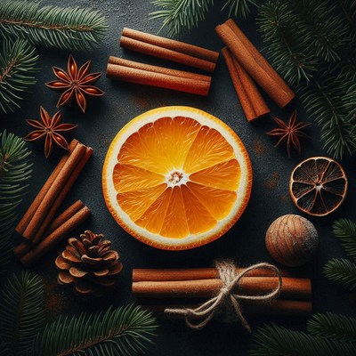 Orange slice, cinnamon, and star anise on dark
