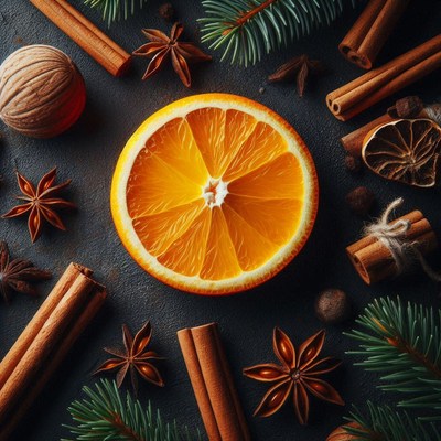An orange slice with cinnamon and star anise
