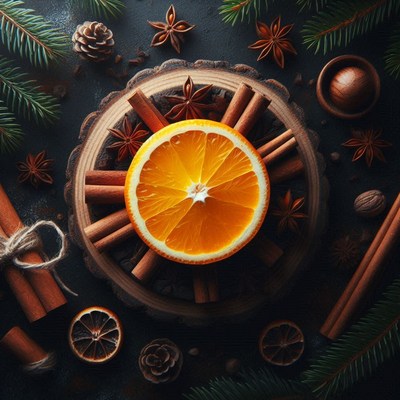 An orange slice and cinnamon sticks on a wooden board
