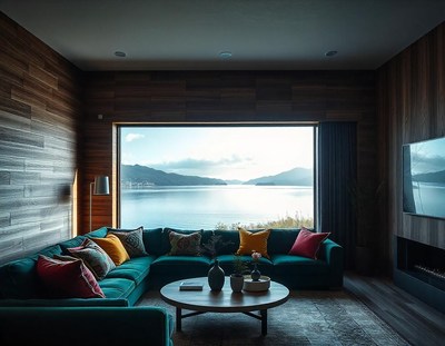 A modern living room with a view of the water