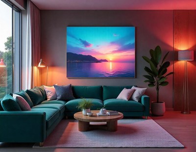 A living room with a large couch and a sunset painting