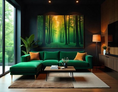 A green sectional sofa sits in a living room