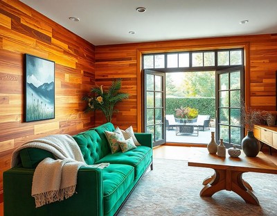 A spacious living room with wood paneling on the walls