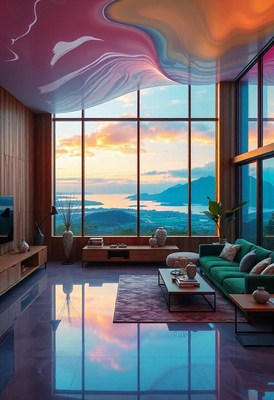 Living room with ocean sunset view