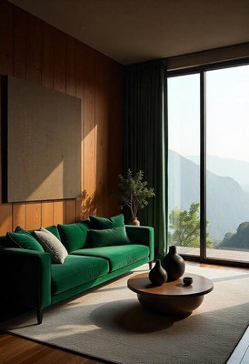 Green velvet sofa in a modern room with mountain view