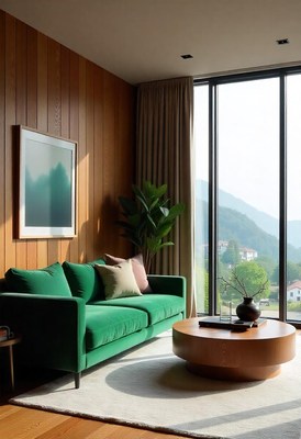 Green velvet sofa overlooks mountain view