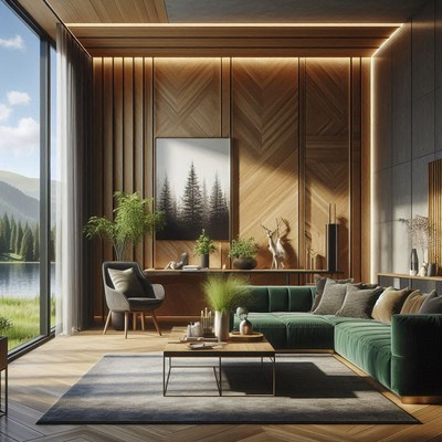 Modern living room with green sofa and wood paneling