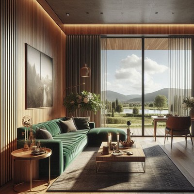 Modern living room, green sofa, mountain view