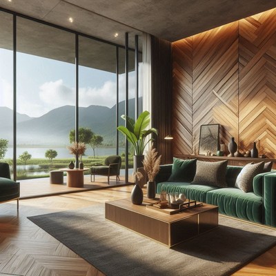 A modern living room with a view of a lake and mountains