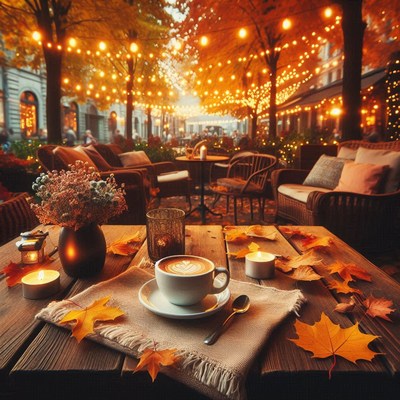 A warm cup of coffee on a cozy outdoor table