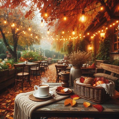 Coffee on a table with fall leaves in a cafe