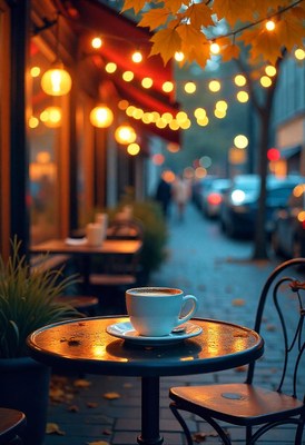 Coffee rests on a table outside a fall cafe