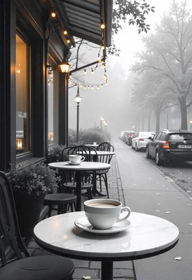 Coffee cup on a table in a foggy city