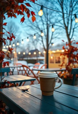 A cup of coffee sits on a table outside on a cool evening
