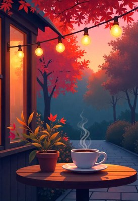A warm cup of coffee on a table under the autumn leaves
