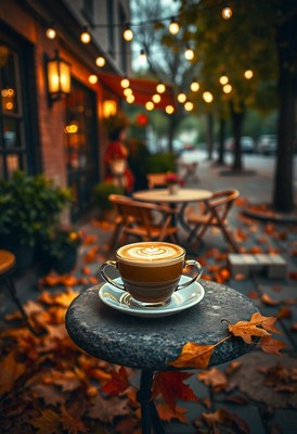 Coffee on a table, surrounded by fallen leaves