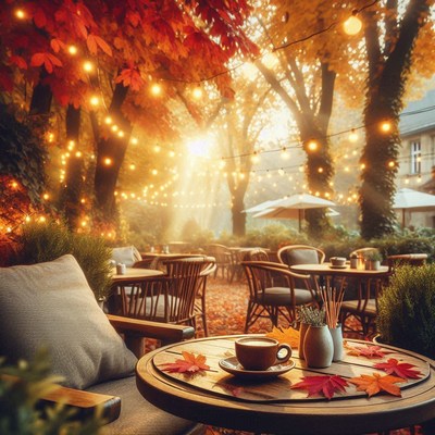 A cup of coffee sits on a table in a cozy outdoor cafe
