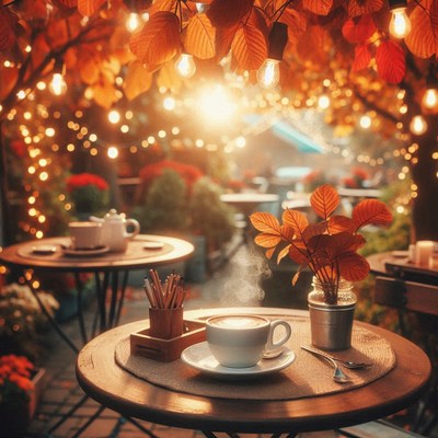 Coffee on a patio, nestled in autumn leaves