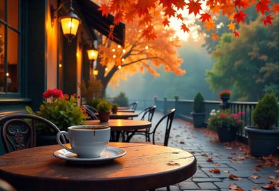 A cup of coffee sits on a patio table in the fall