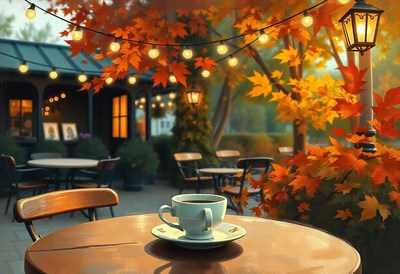 Coffee on a table in a cafe with fall leaves