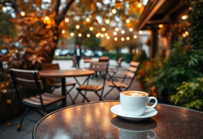 A cup of coffee sits on a table at an outdoor cafe