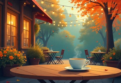 A warm cup of coffee on a fall evening patio