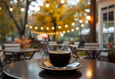A cup of coffee sits on a table at an outdoor cafe