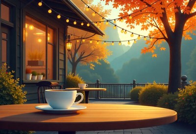A cup of coffee on a patio table with autumn leaves