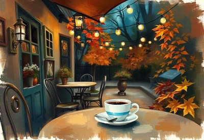 A warm cup of coffee sits on a table in a cozy outdoor cafe