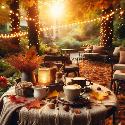 Two coffees sit on a table under the autumn leaves