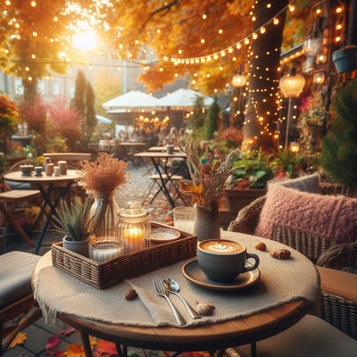 A cozy autumn cafe setting with a cup of coffee