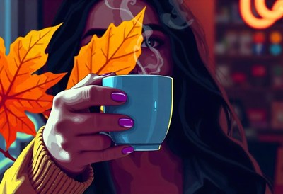 A woman enjoys a warm beverage on a fall day