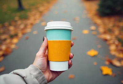 A hand holds a cup of coffee on a fall day