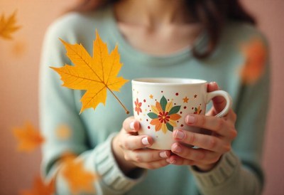 A woman's hands hold a white mug with colorful flowers on it