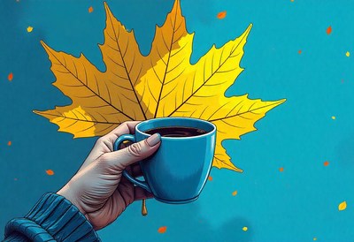 Hand holds a blue mug with a yellow leaf behind