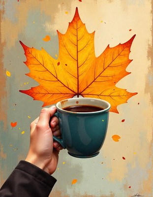 A hand holds a cup of coffee with a large fall leaf above it