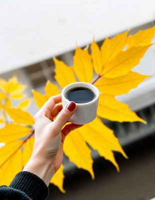 A hand with red nail polish holds a white cup of coffee