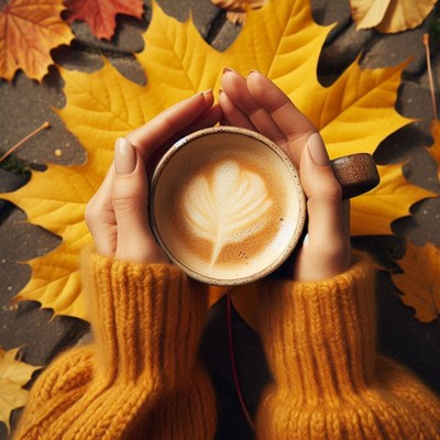 Hands holding a warm latte surrounded by fall leaves