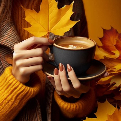 Woman with coffee cup amidst autumn leaves