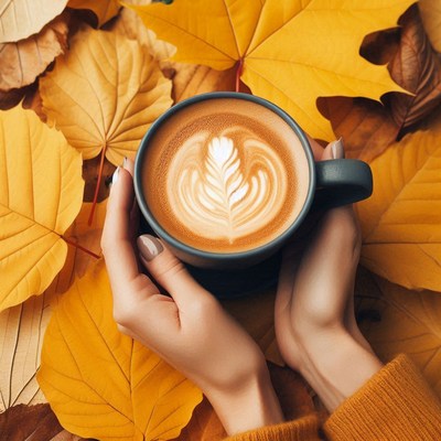 A warm latte on a bed of autumn leaves