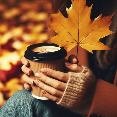 Hands hold a warm drink with a fall leaf