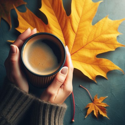 Hands with coffee and autumn leaves behind