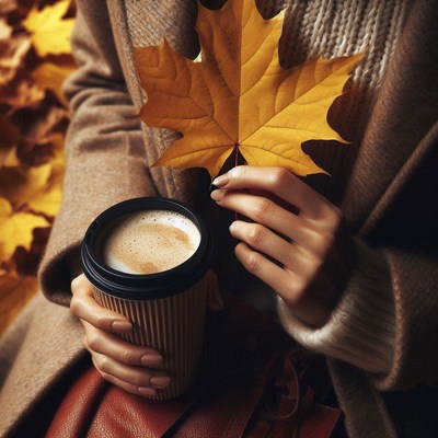 A person holds a coffee and a leaf in an autumn forest