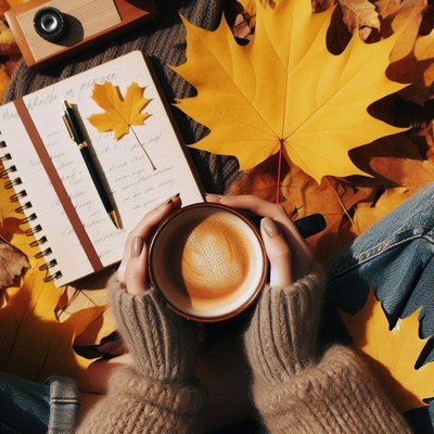 Hands holding a mug of coffee on a bed of autumn leaves