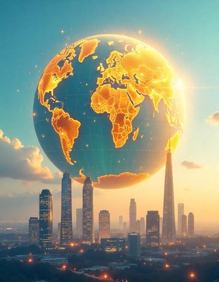 A glowing earth hovers above a city skyline