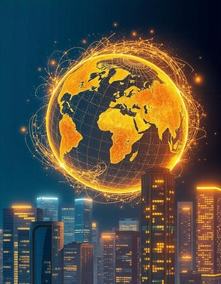 A glowing globe hovers over a cityscape at night