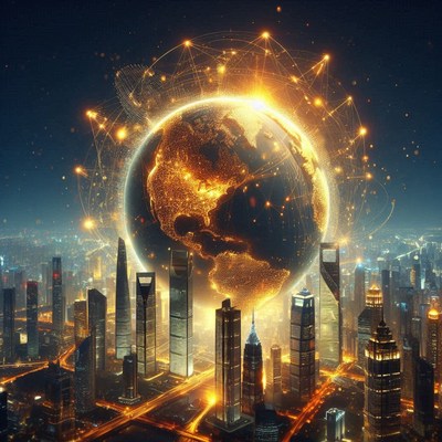 A glowing earth hovers above a modern city at night