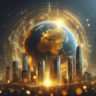 A glowing earth rises above a futuristic city skyline