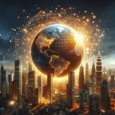 A glowing earth hovers over a city at night