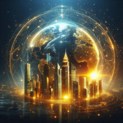 Golden city skyline in a glowing earth sphere